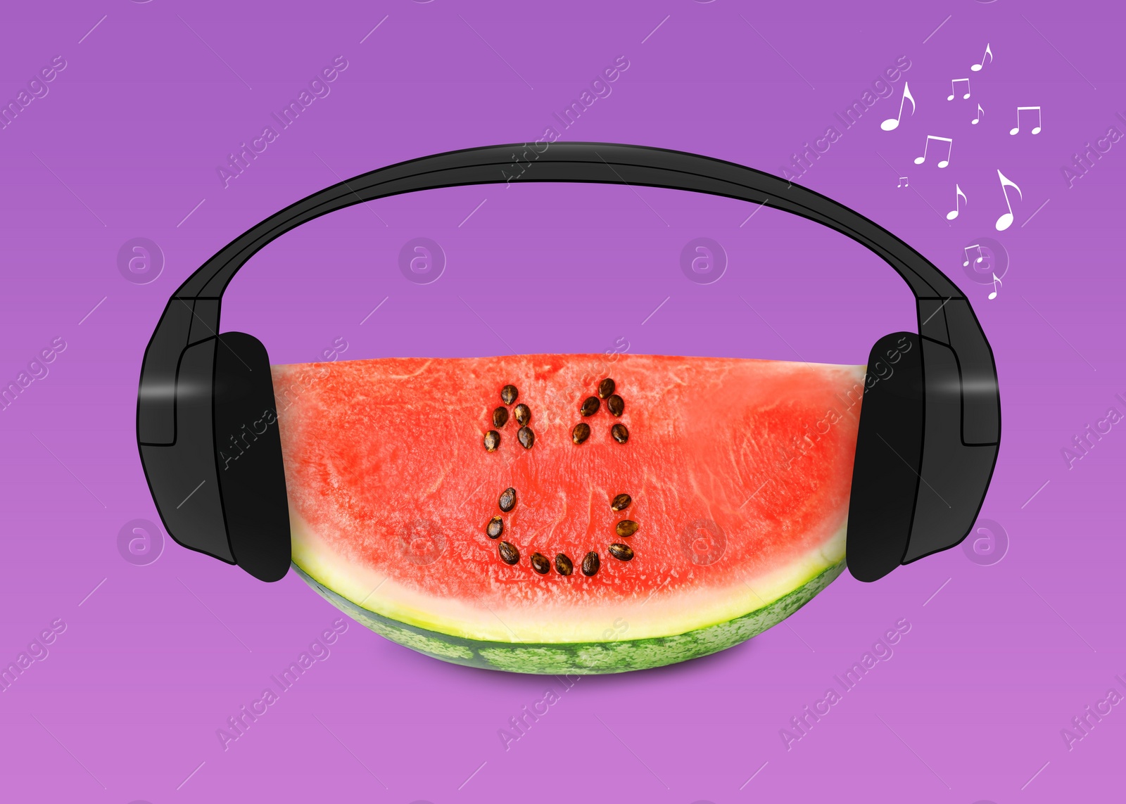 Image of Creative artwork. Watermelon listening to music in headphones on magenta background. Slice of fruit with drawings, eyes and smile made of watermelon seeds