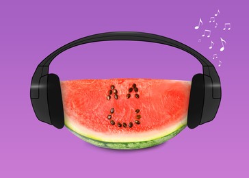 Image of Creative artwork. Watermelon listening to music in headphones on magenta background. Slice of fruit with drawings, eyes and smile made of watermelon seeds