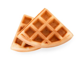 Photo of Two tasty Belgian waffles isolated on white, top view