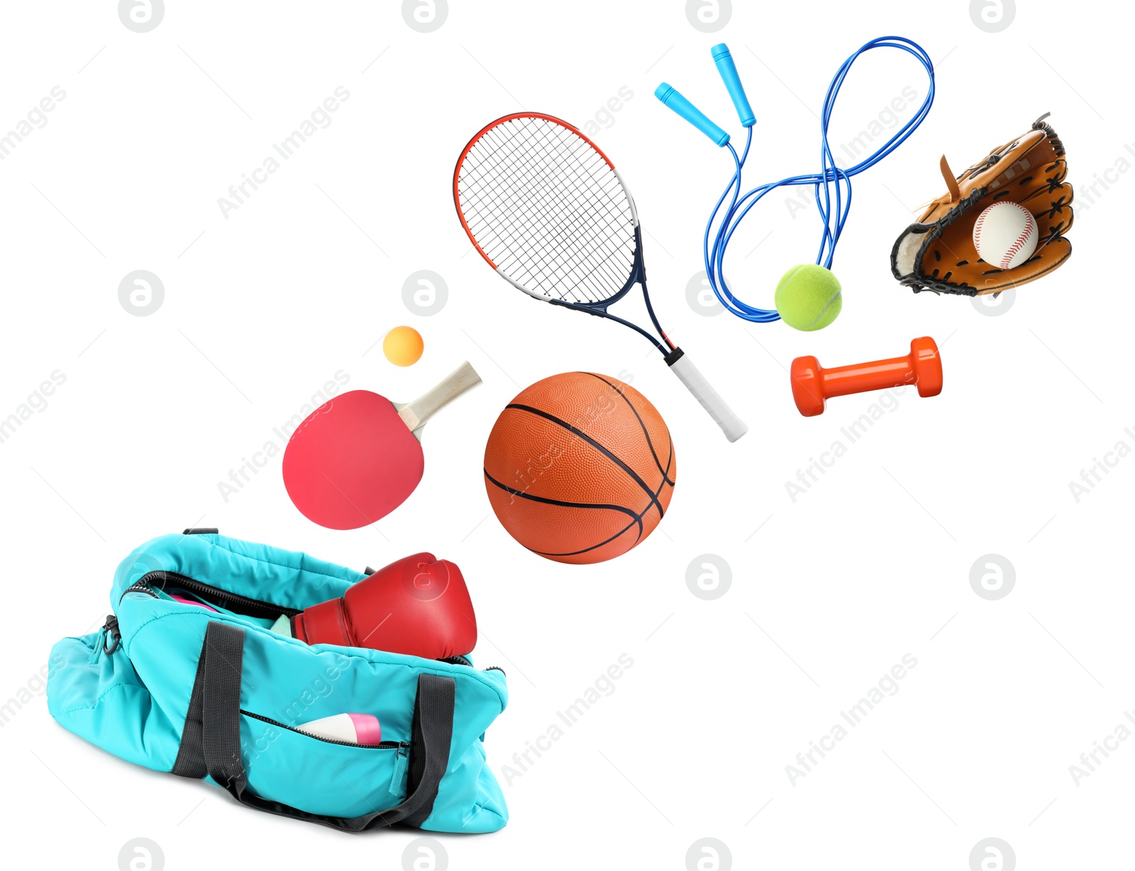 Image of Sports bag and different gym stuff flying on white background