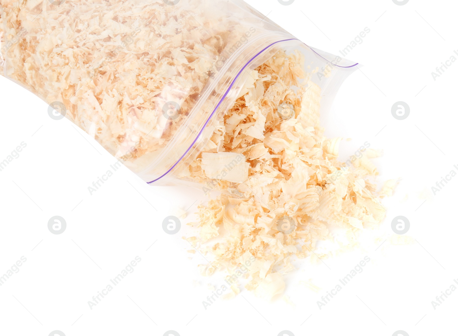 Photo of Natural sawdust with zip bag isolated on white