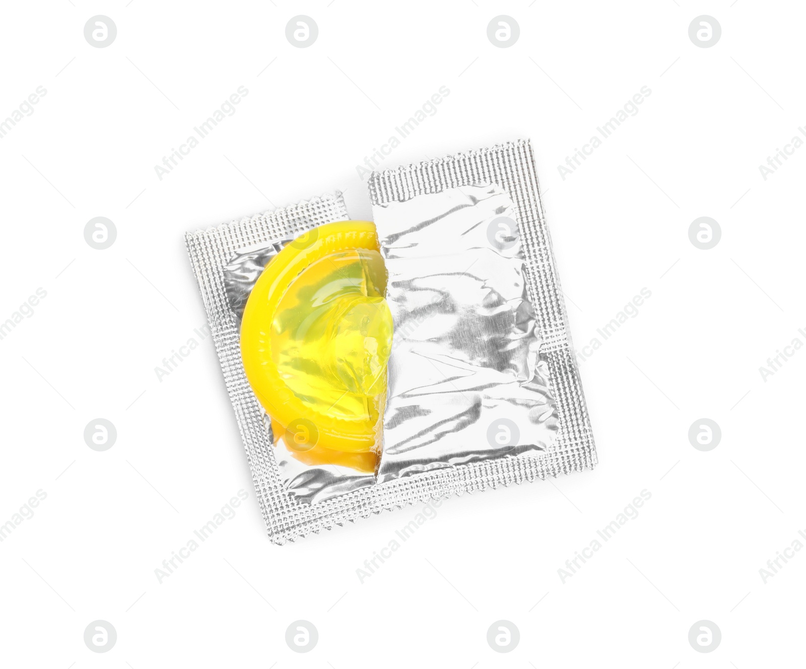 Photo of Torn condom package isolated on white, top view. Safe sex