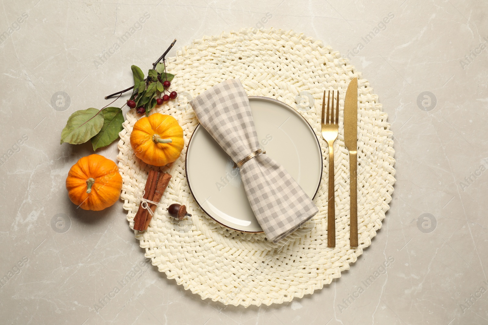 Photo of Stylish autumn table setting on light background, flat lay