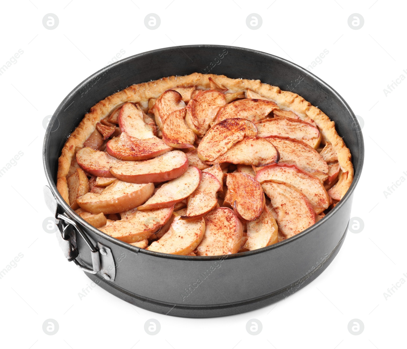 Photo of Delicious apple pie in baking dish isolated on white