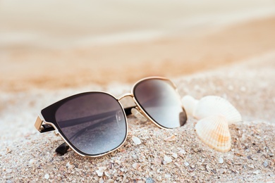 Stylish sunglasses and shells on sandy beach, closeup