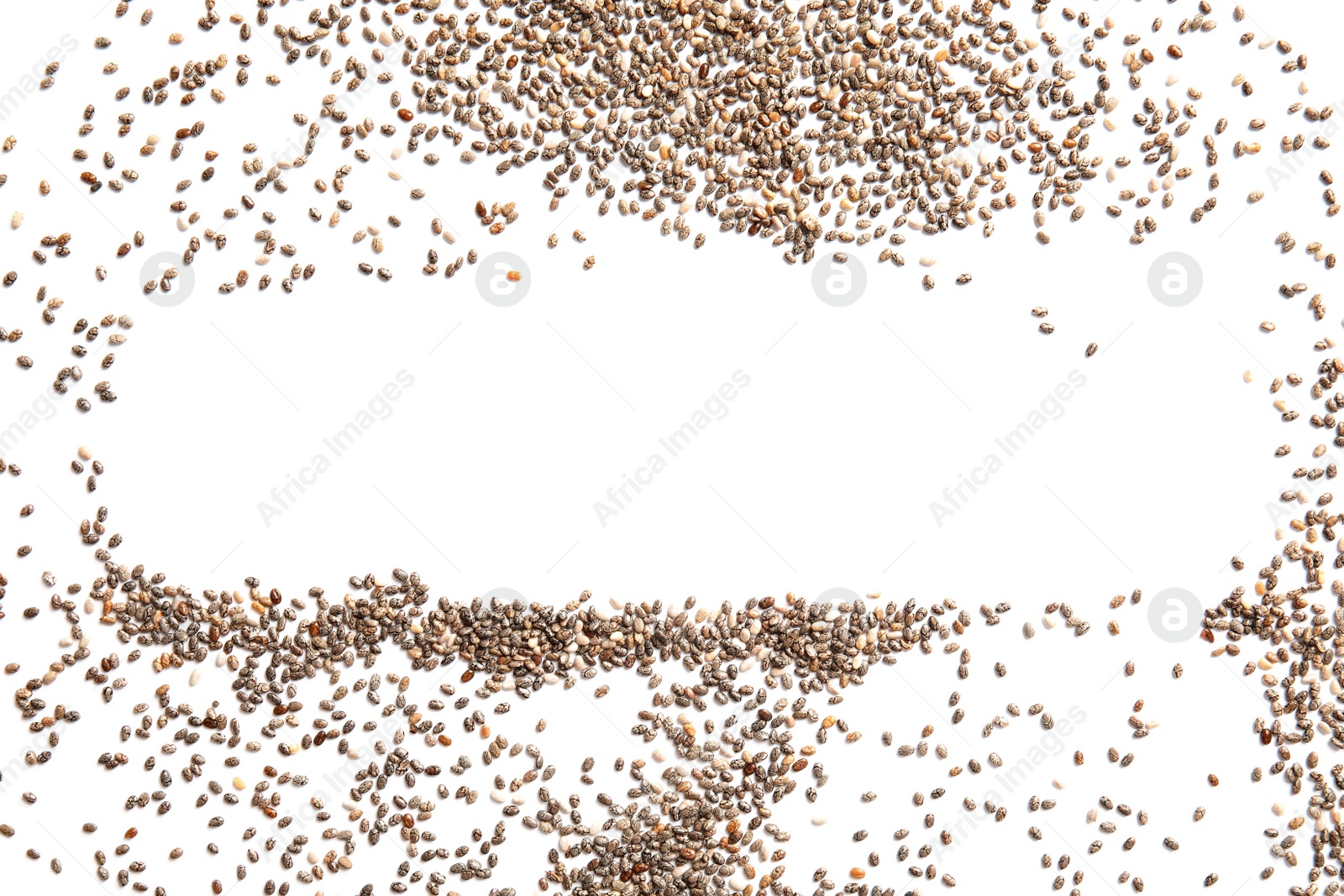 Photo of Frame made of chia seeds on white background, top view with space for text