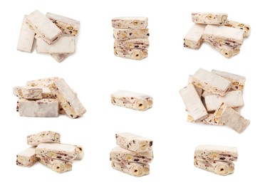 Image of Delicious nougat with nuts on white background, collage design