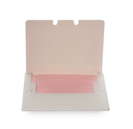 Photo of Package of facial oil blotting tissues isolated on white. Mattifying wipes