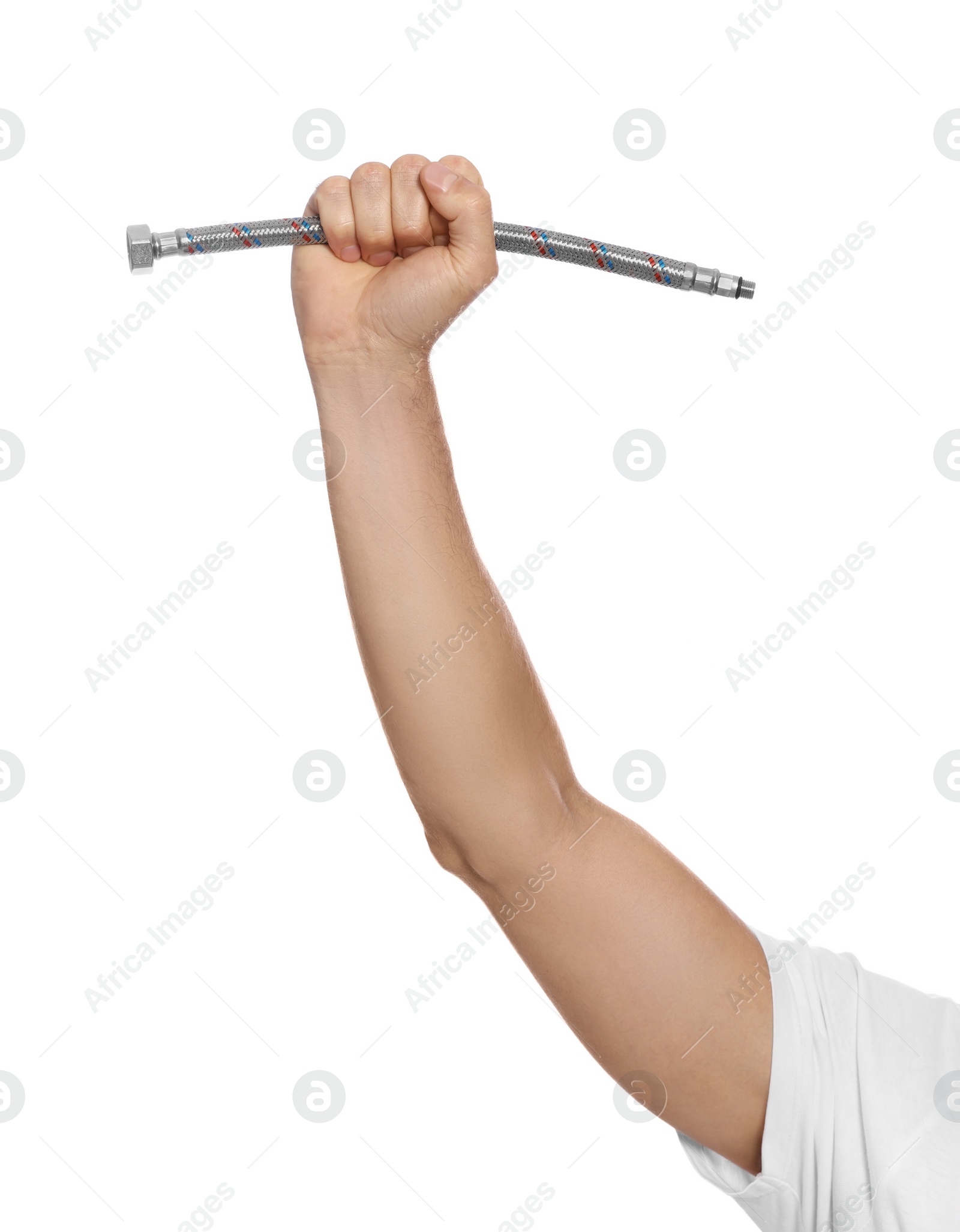 Photo of Male plumber holding flexible hose on white background, closeup