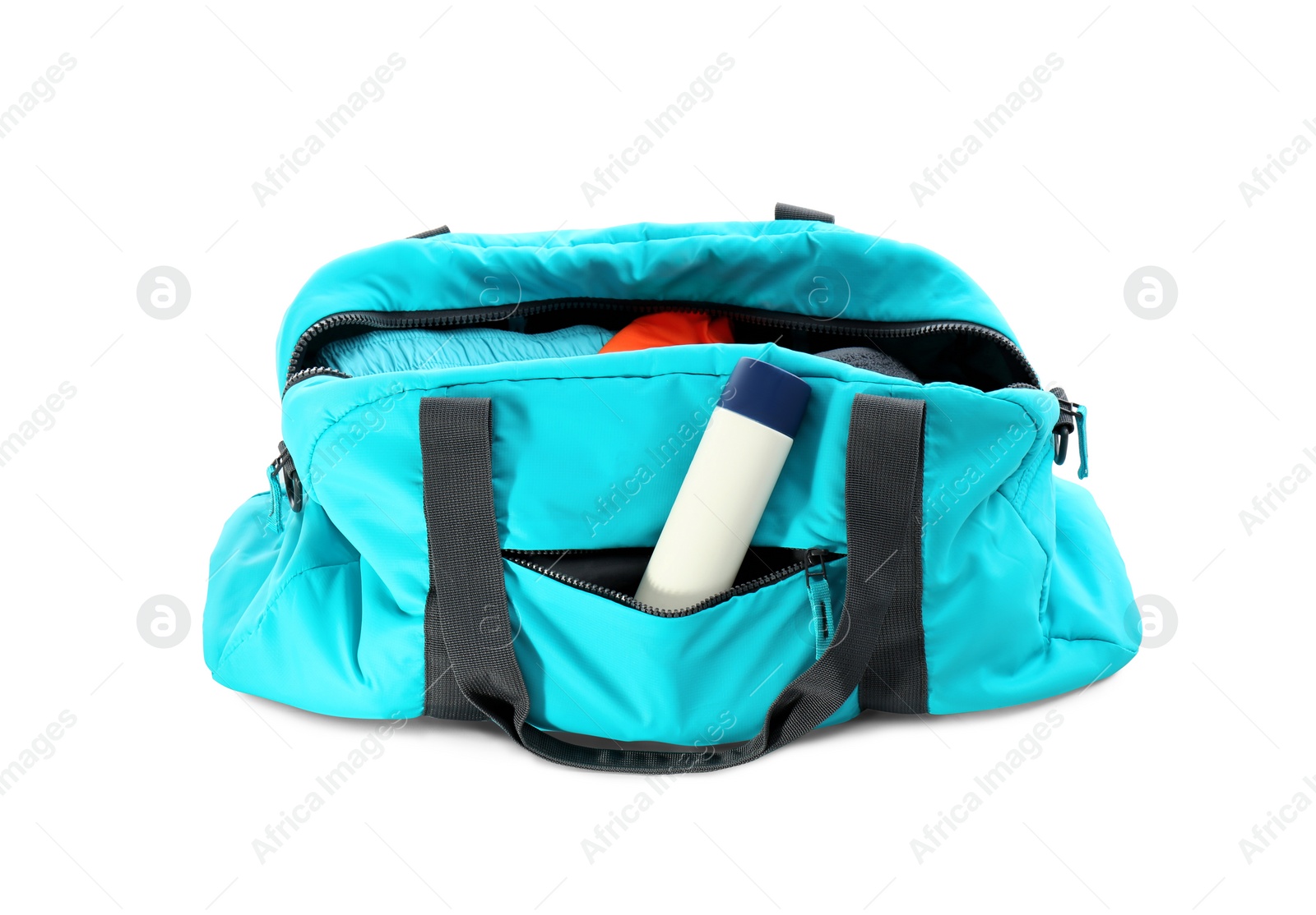 Photo of Sport bag with deodorant on white background