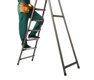 Photo of Professional constructor climbing ladder on white background, closeup