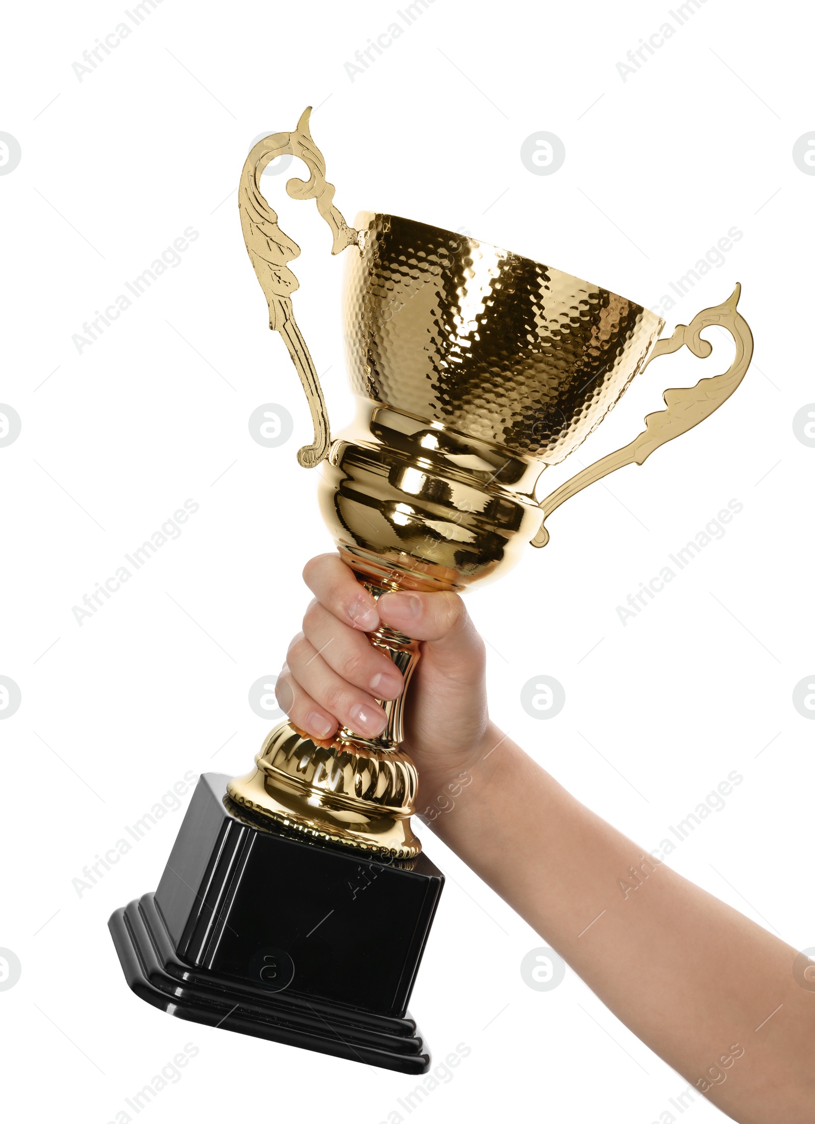 Photo of Woman holding golden cup on white background, closeup. Victory concept