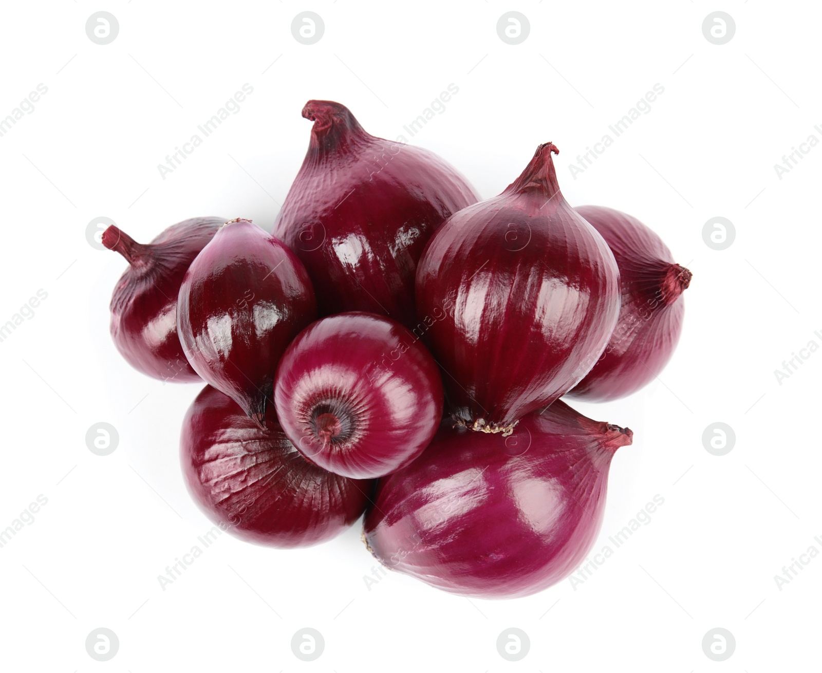 Photo of Fresh whole red onions on white background, top view