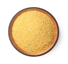 Bowl of raw bulgur isolated on white, top view