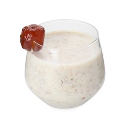 Photo of Glass of delicious date smoothie isolated on white