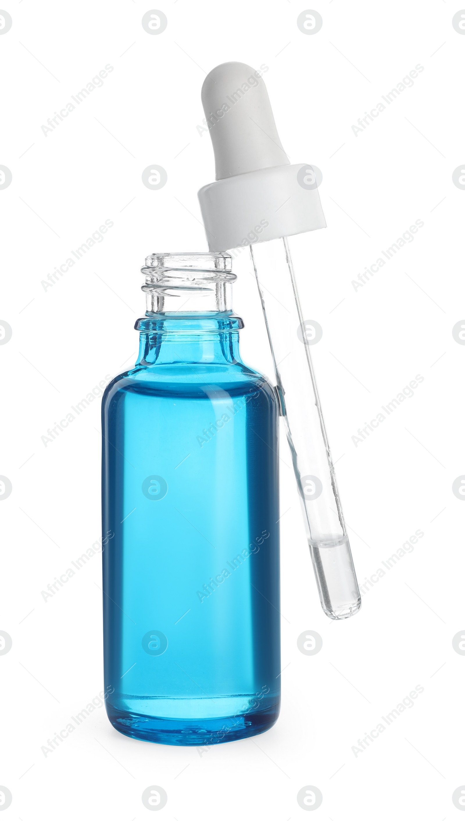 Photo of Bottle with cosmetic product and pipette isolated on white