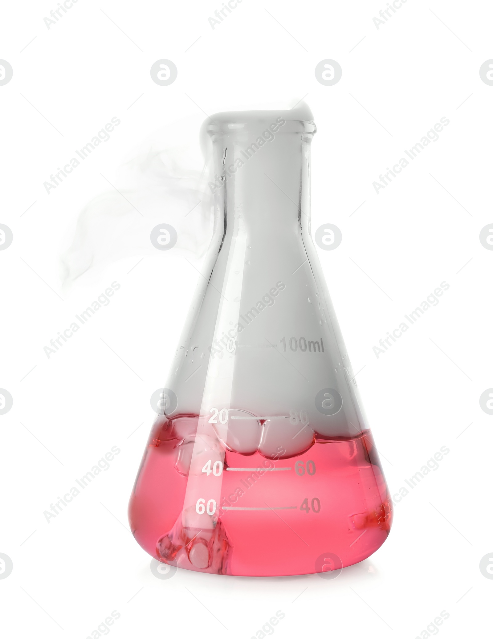 Photo of Laboratory flask with colorful liquid and steam isolated on white. Chemical reaction