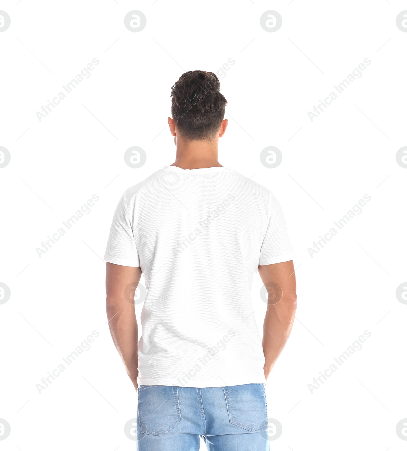 Photo of Young man in t-shirt on white background. Mockup for design