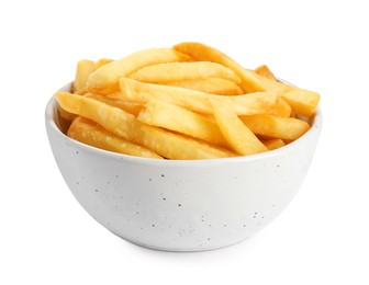 Bowl with tasty French fries on white background