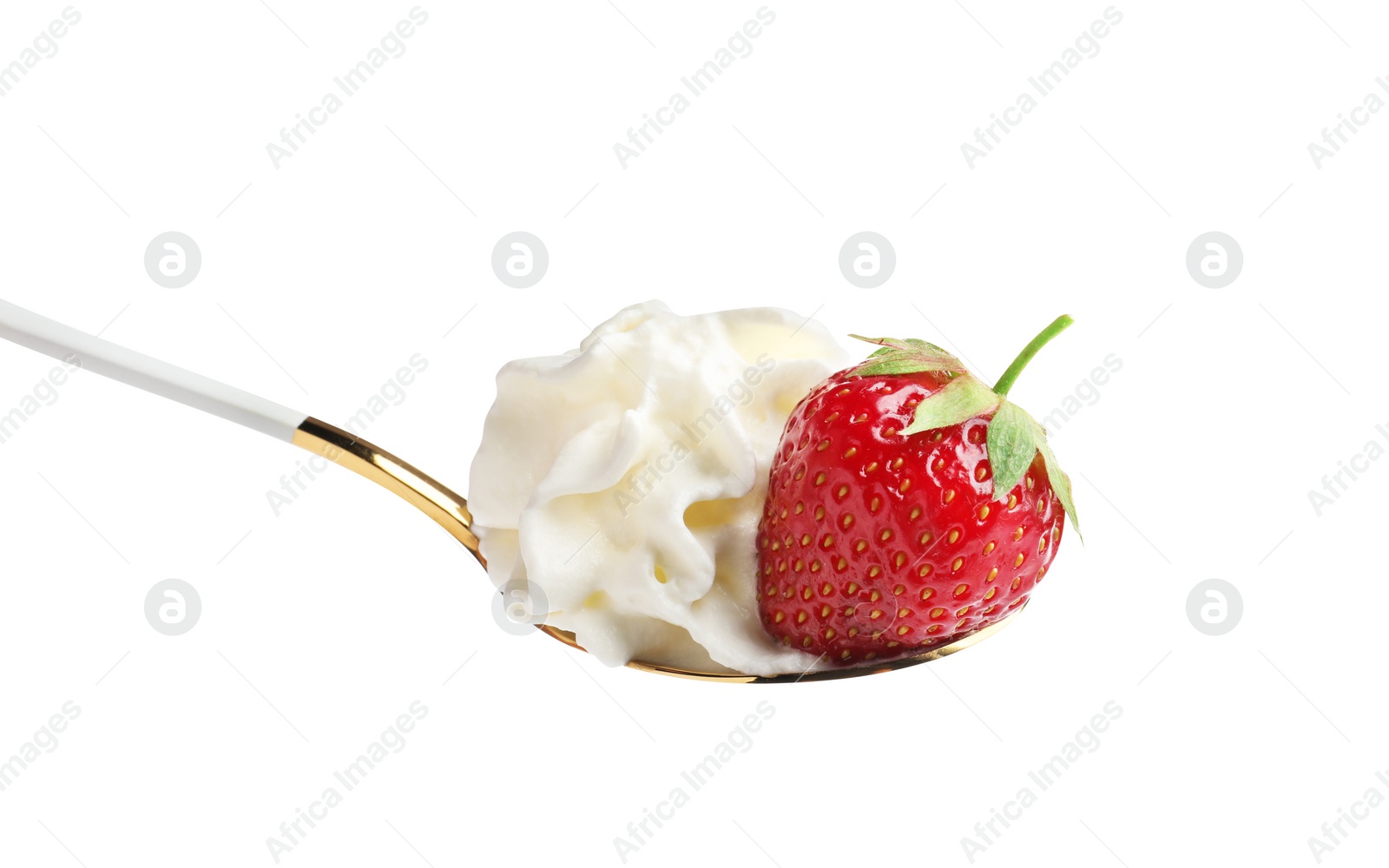Photo of Spoon with delicious strawberry and whipped cream isolated on white