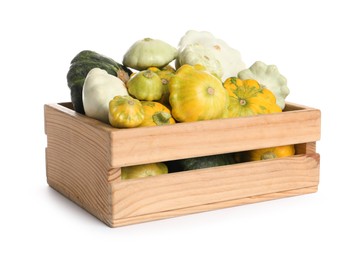 Fresh ripe pattypan squashes in wooden crate on white background