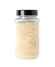 Photo of Jar with uncooked long grain rice on white background