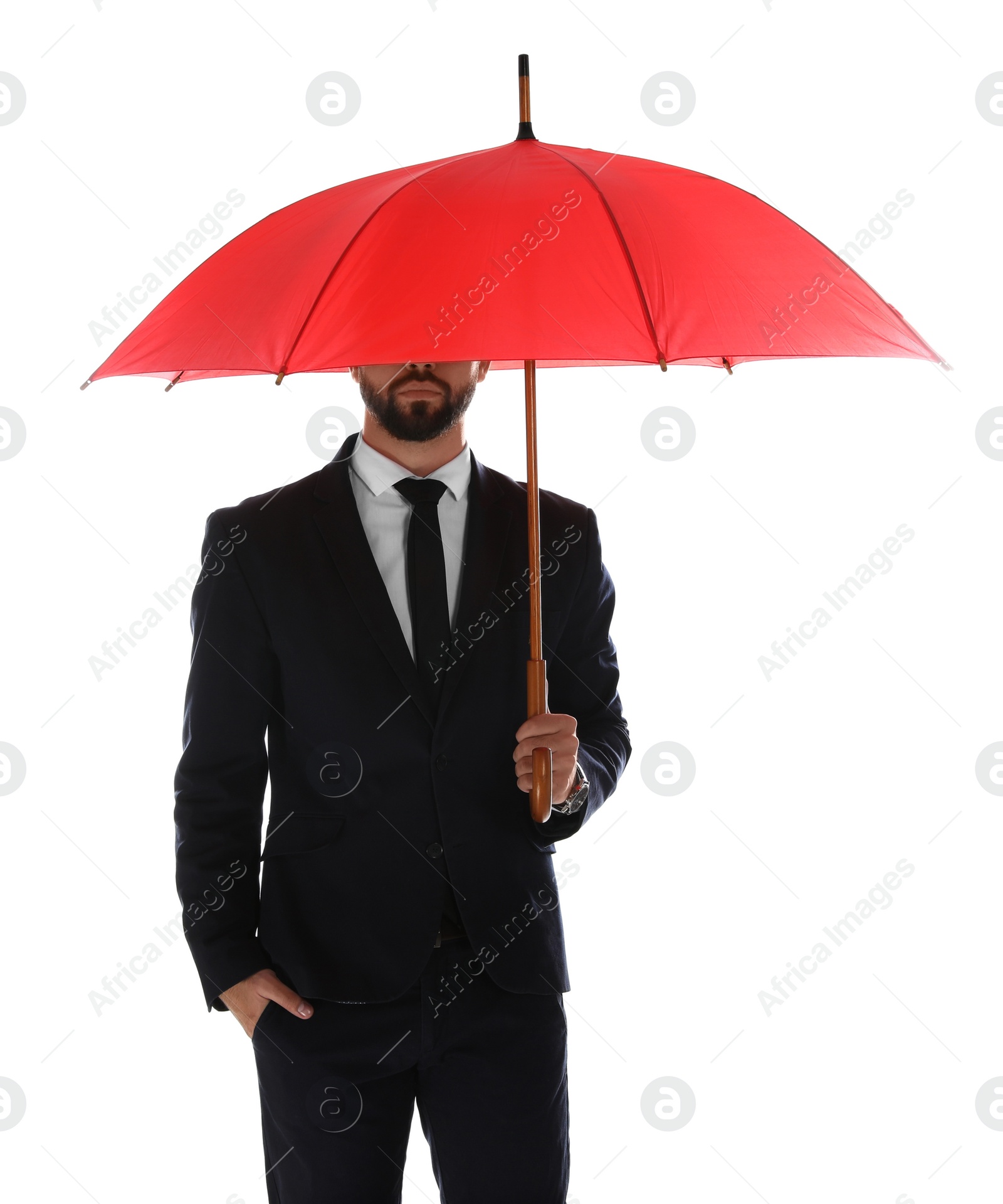 Photo of Businessman with red umbrella on white background