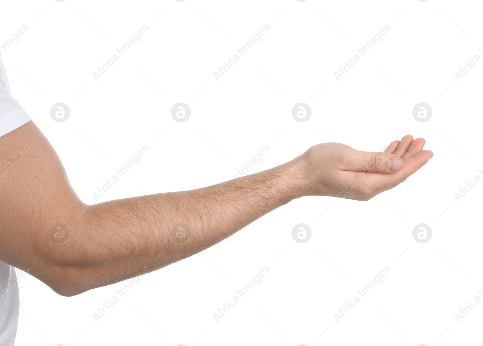 Photo of Man extending hand on white background, closeup