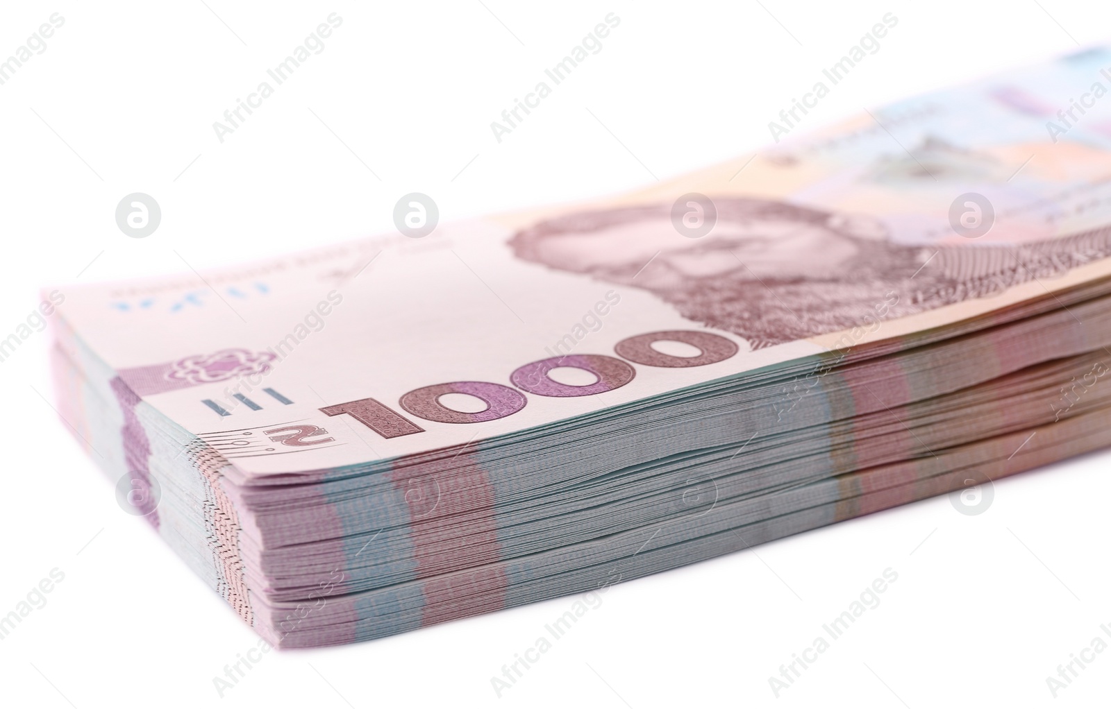 Photo of 1000 Ukrainian Hryvnia banknotes on white background, closeup