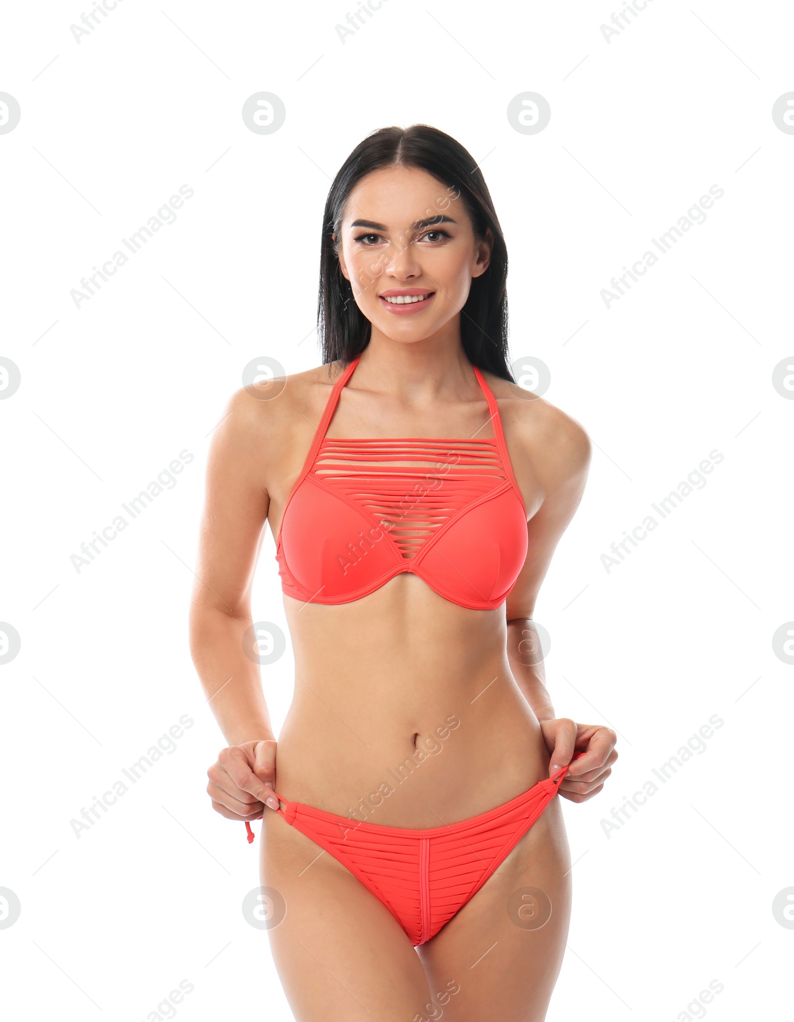 Photo of Beautiful young woman in stylish bikini on white background