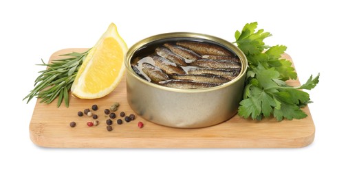 Photo of Board with canned sprats, herbs, peppercorns and slice of lemon isolated on white
