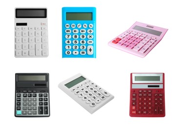 Image of Set of different calculators on white background