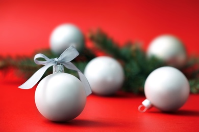Photo of Beautiful Christmas ball on blurred background. Space for text