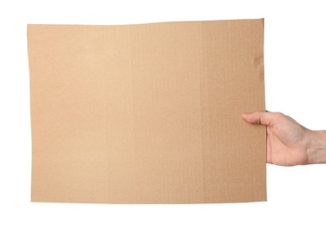 Photo of Woman holding piece of cardboard on white background, closeup. Space for text