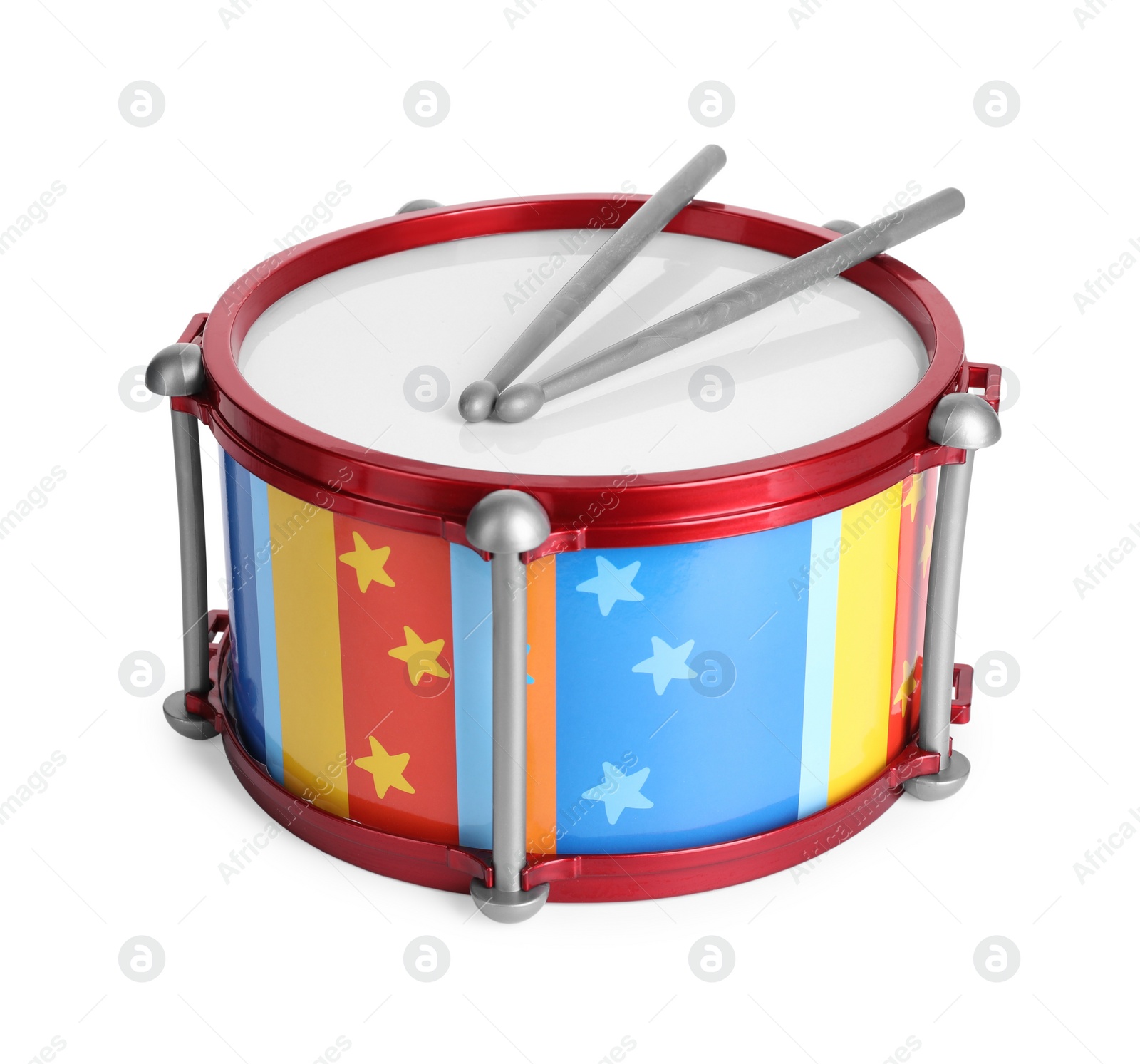 Photo of Bright drum with sticks isolated on white
