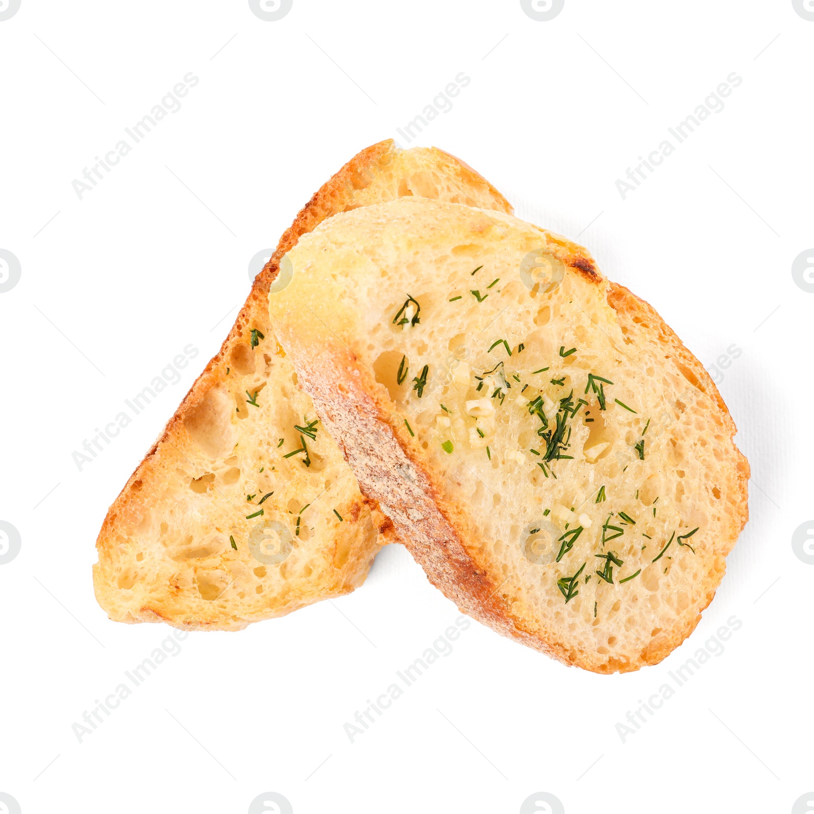 Photo of Pieces of tasty baguette with dill isolated on white, top view
