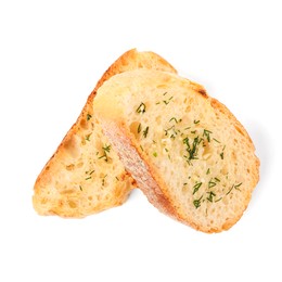 Pieces of tasty baguette with dill isolated on white, top view