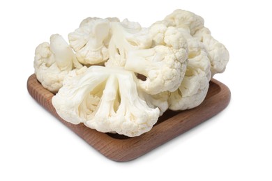 Photo of Wooden plate with cut fresh raw cauliflowers on white background
