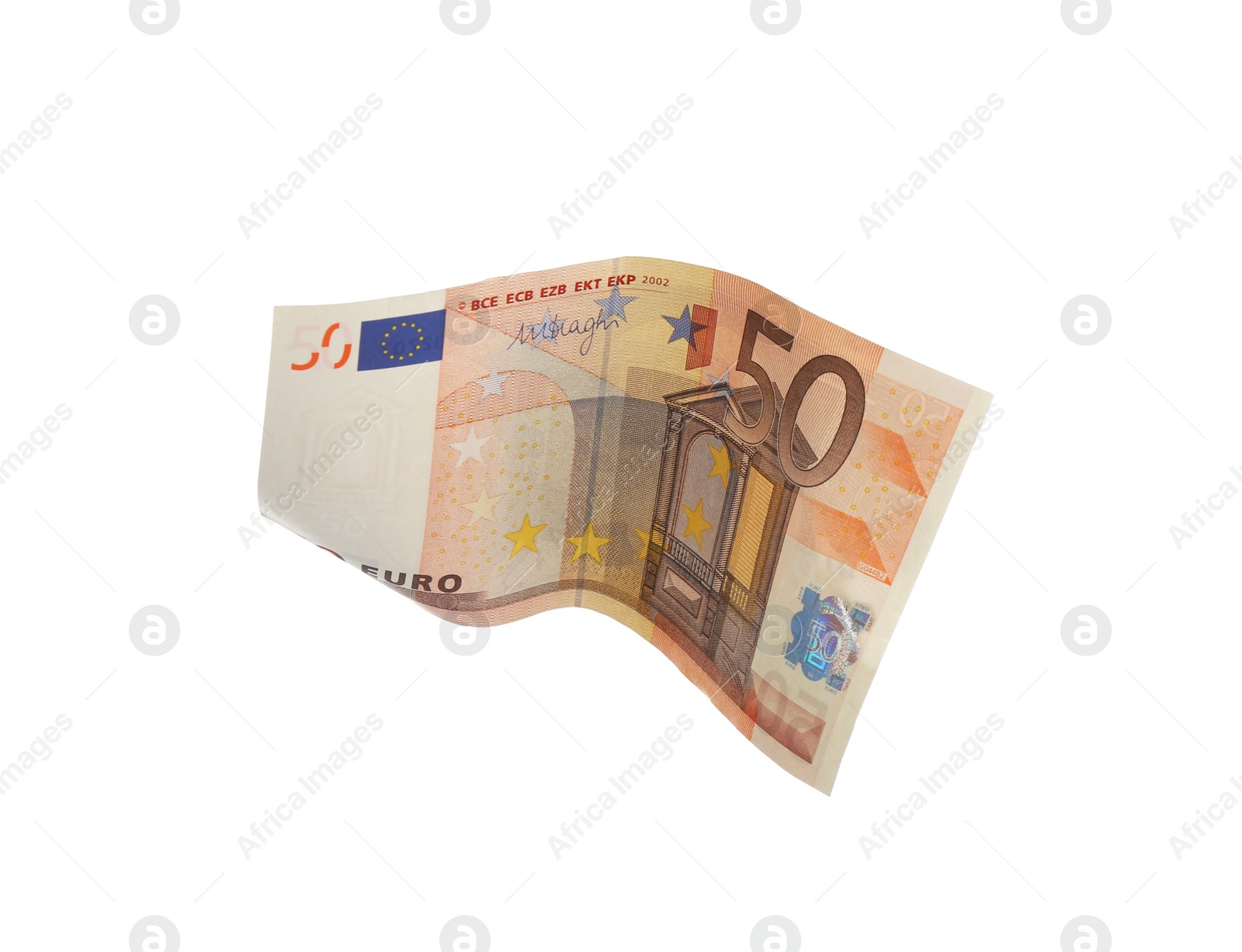 Photo of Euro banknote isolated on white. Flying money