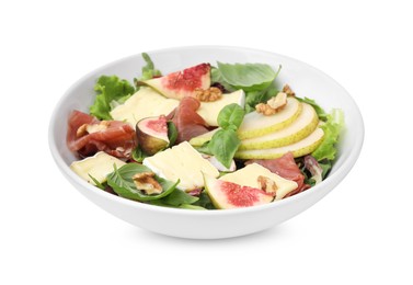 Photo of Tasty salad with brie cheese, prosciutto, pear and figs isolated on white