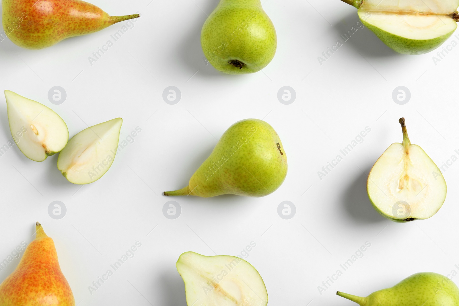 Photo of Fresh pears on light background, flat lay composition