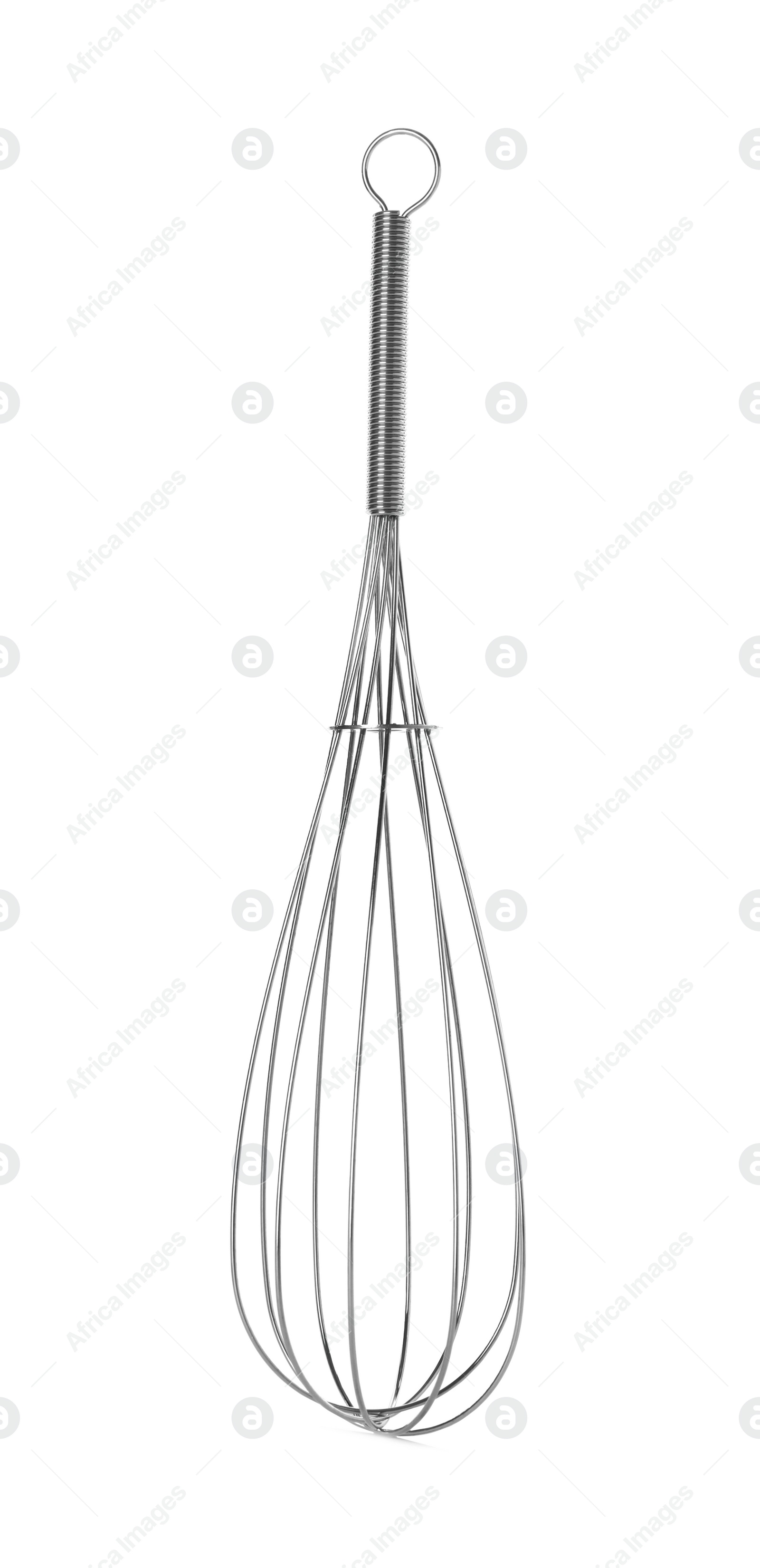 Photo of Stainless steel whisk isolated on white. Kitchen utensil