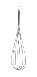 Photo of Stainless steel whisk isolated on white. Kitchen utensil