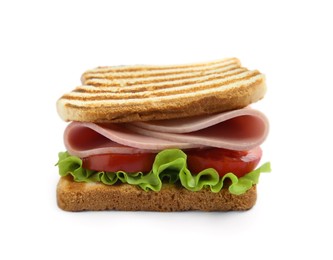 Photo of Tasty sandwich with boiled sausage, tomato and lettuce isolated on white
