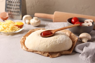 Pizza dough and products on gray textured table