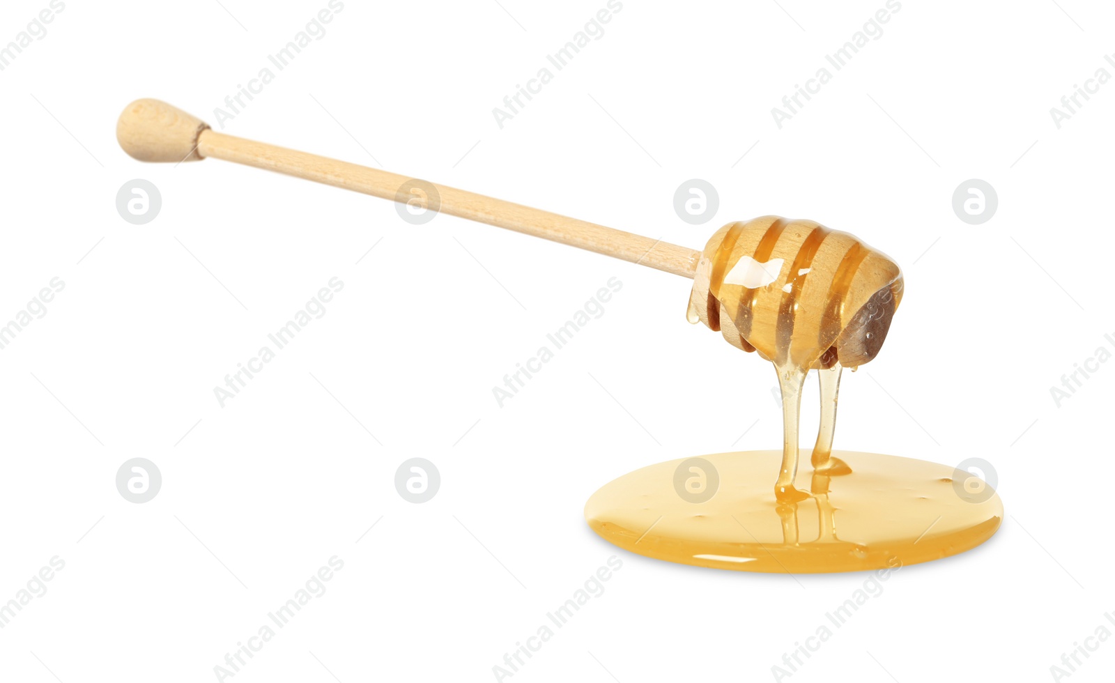 Photo of Natural honey dripping from dipper on white background