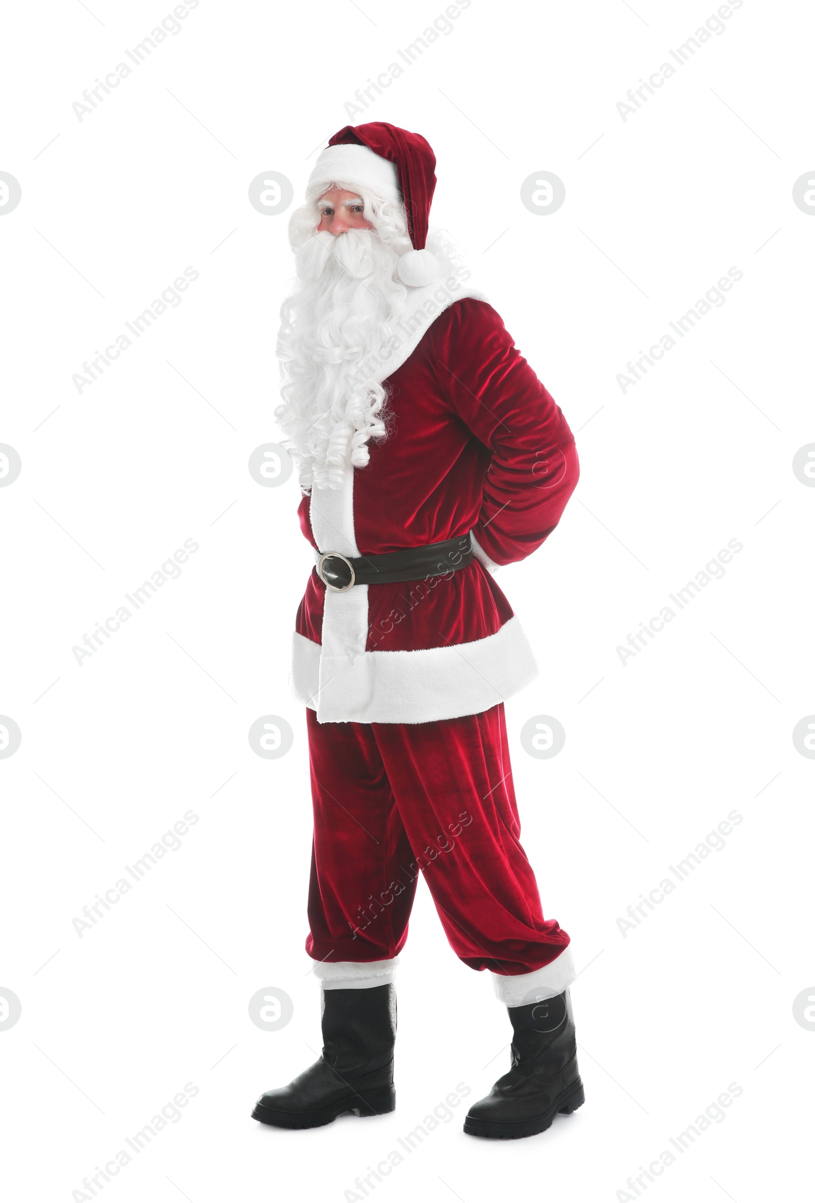 Photo of Full length portrait of Santa Claus on white background