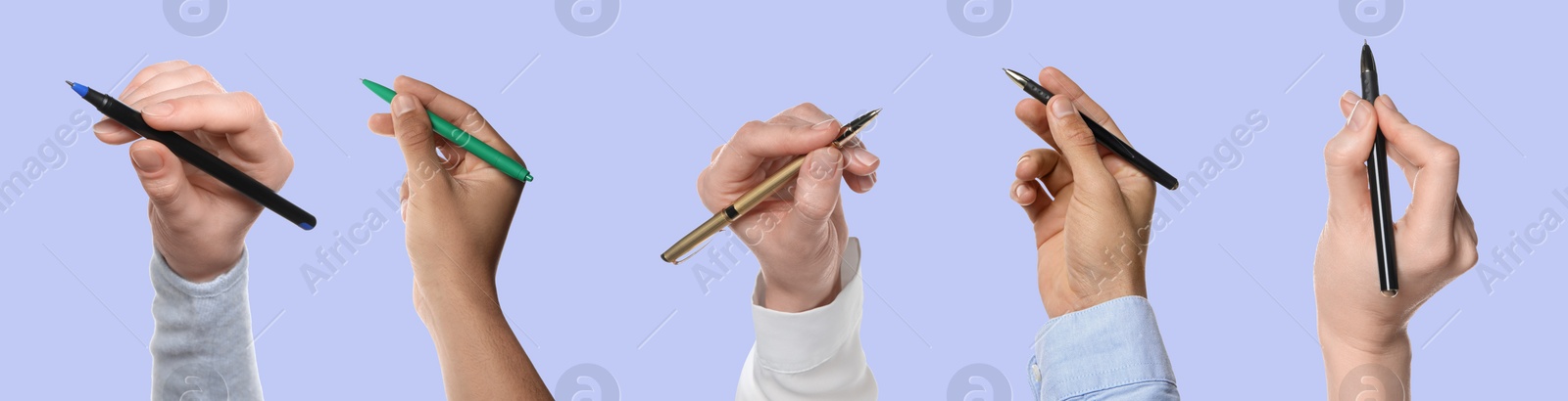 Image of Men and women holding pens on pale violet background, closeup. Collage design