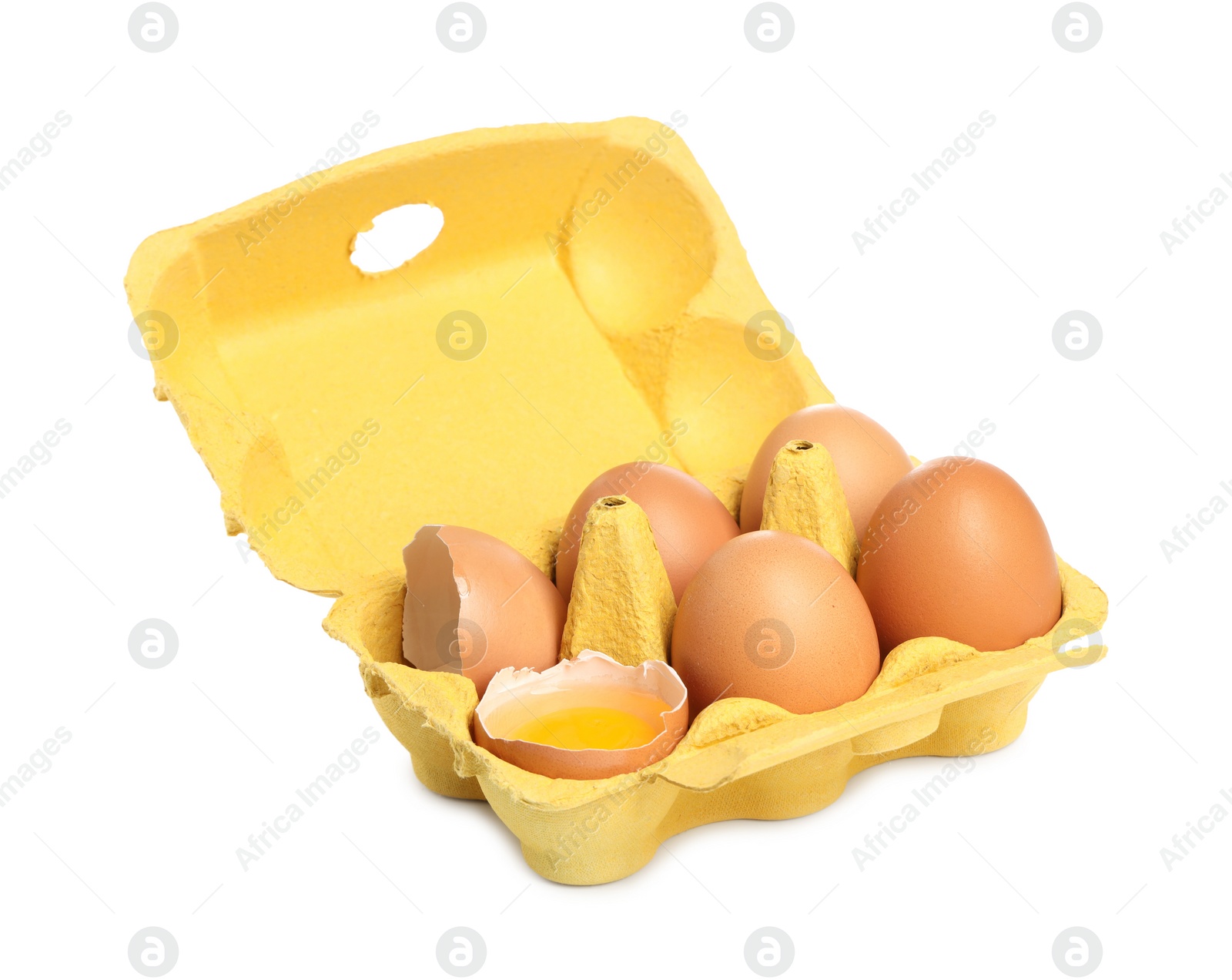 Photo of Chicken eggs in carton isolated on white