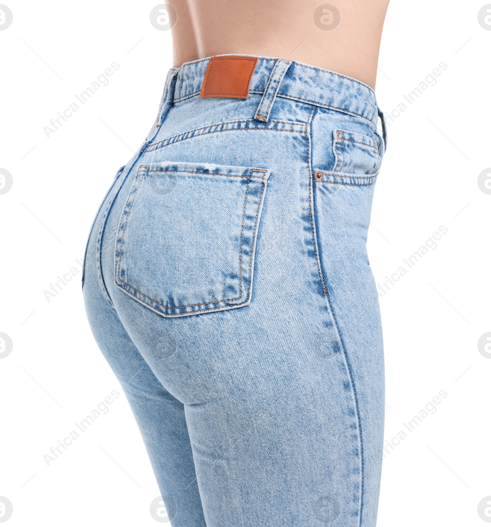 Photo of Woman in stylish jeans on white background, closeup. Space for text